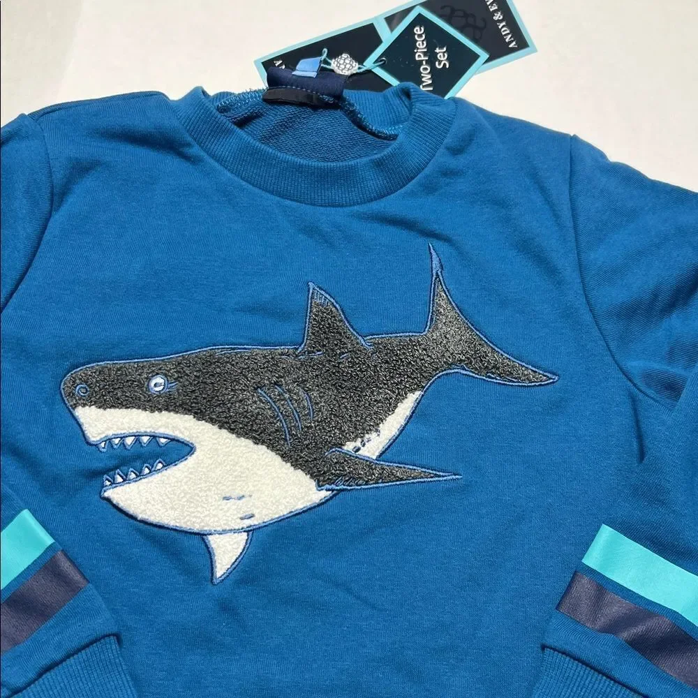 Andy & Evan Blue Shark 2 piece sweatsuit NWT size 7
